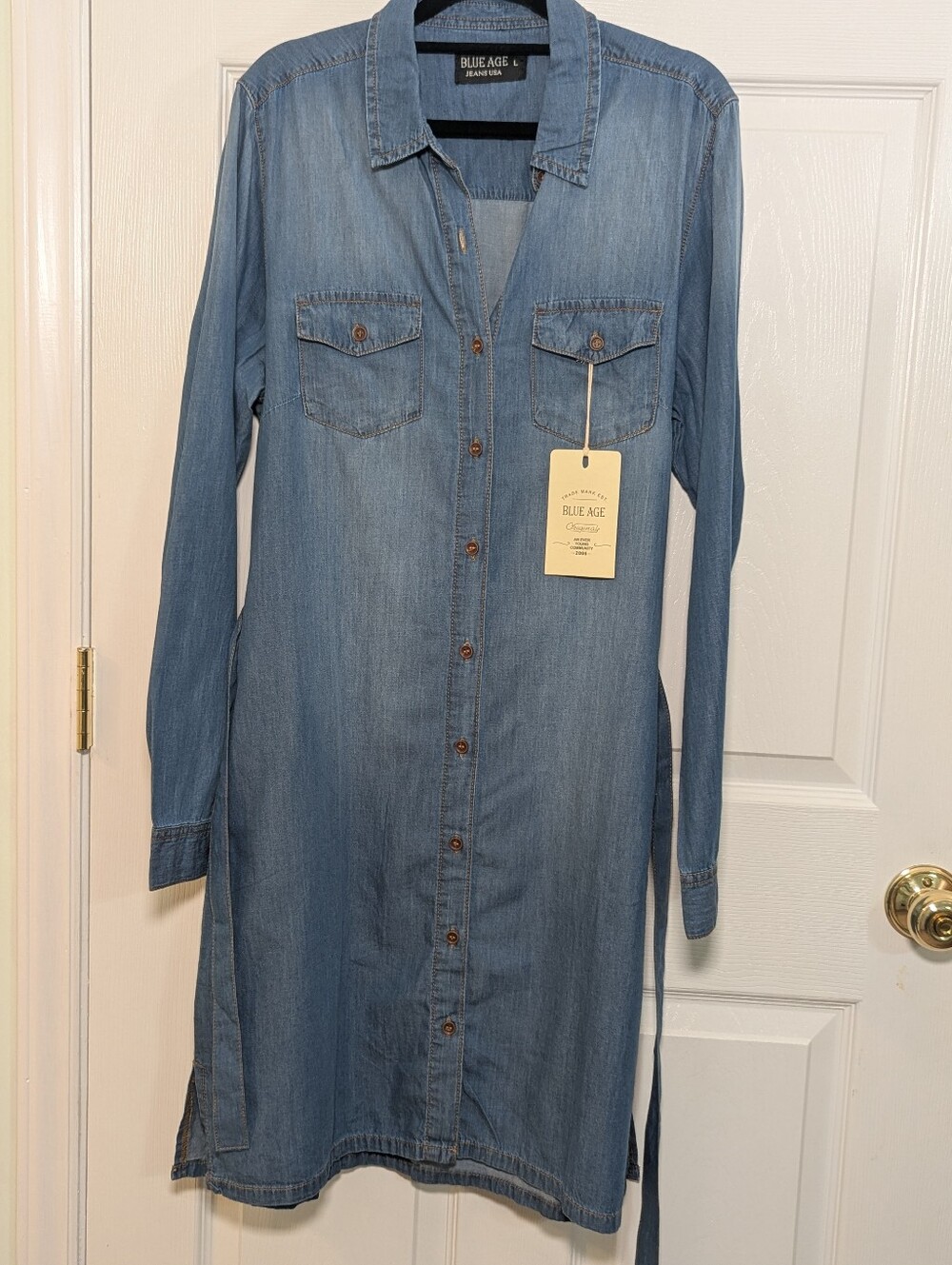 Blue Age Jeans USA Denim Shirt Dress Women’s L NWT Belted Button Front Chambray